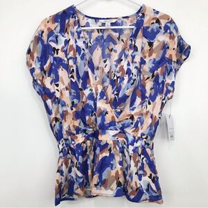 Nine West Wrap Front Watercolor Short Sleeve Blouse- New With Tags